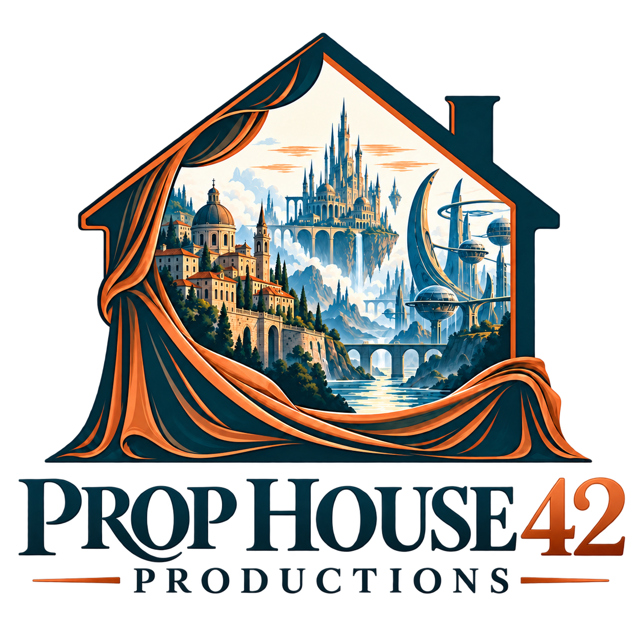 Prop House 42 Productions — real, fantasy, and alien worlds framed by a house and sweeping fabric